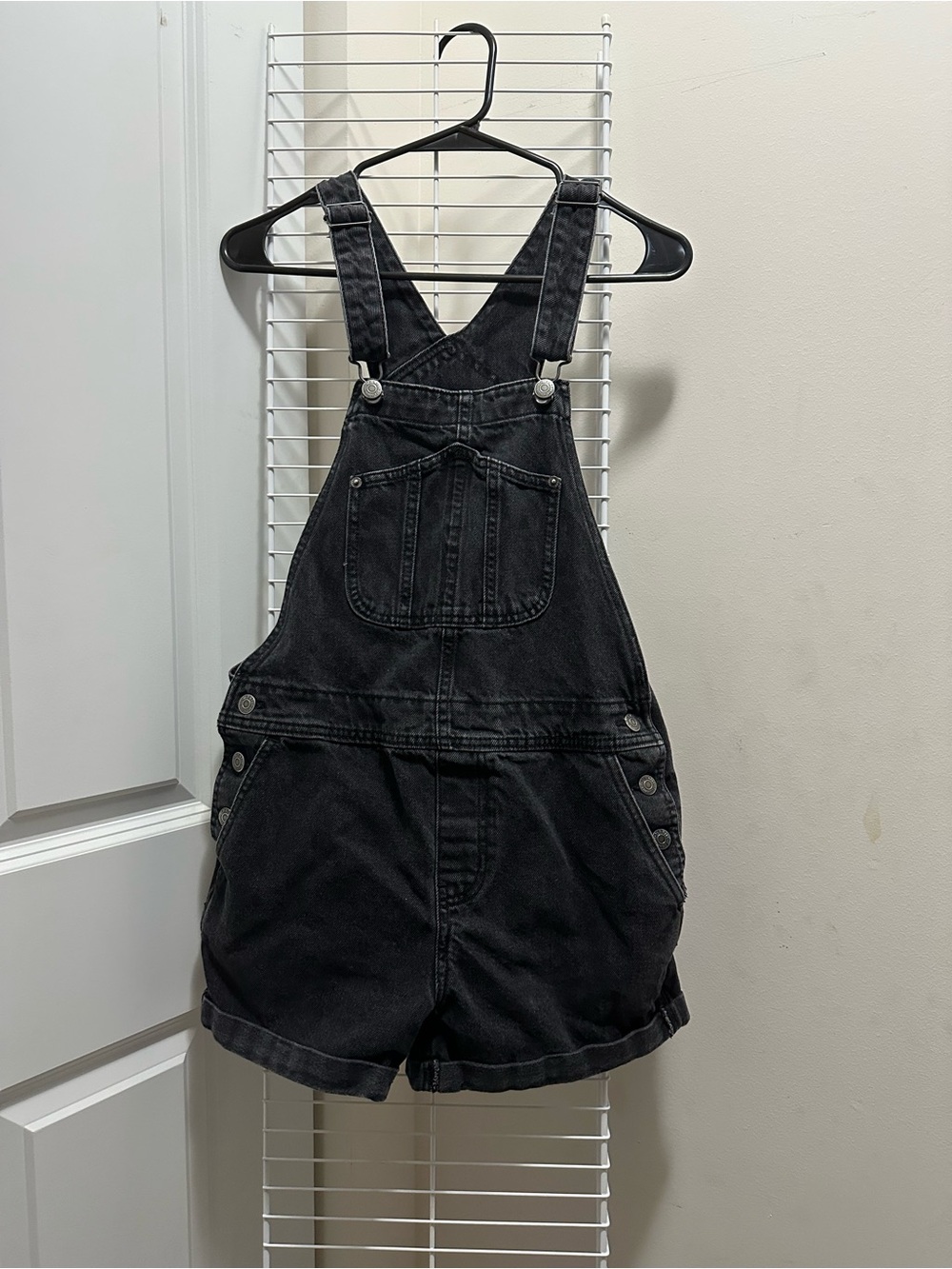 Old Navy Black Denim Short Overalls with Metal Hardware